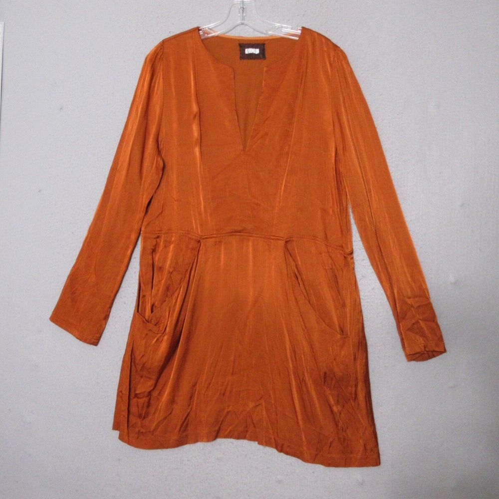 Reformation Hart‎ Dress 12 Rust Color Mini Pockets Satin Long Sleeve Deep V